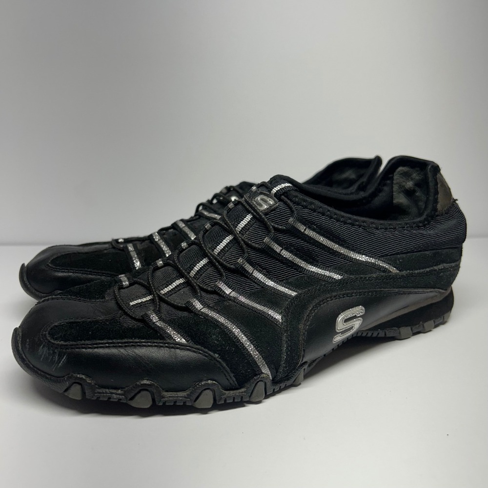 Skechers Bikers 21477 Black Silver Leather Bungee Sneakers Womens 8.5 Y2K Sport